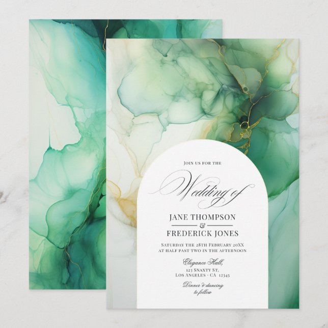 Convite Casamento com Tinta Alcoólica Verde e Marfim (Frente/Verso)
