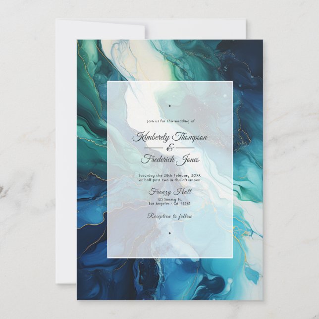 Convite Casamento com Tinta Azul-Marinho, Verde Esmeralda  (Frente)