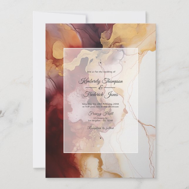 Convite Casamento com Tinta Burgundy, Dourada e Marfim (Frente)