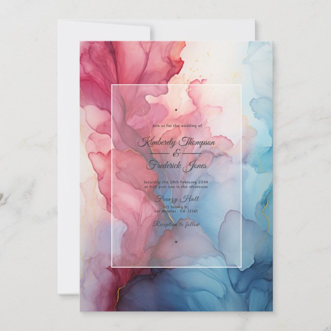 Convite Casamento com Tinta Burgundy e Azul Desbotado (Frente)