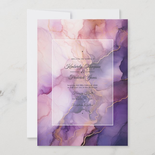 Convite Casamento com Tinta Deep Purple, Lavanda e Dourado (Frente)