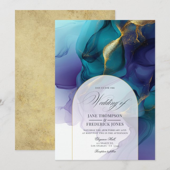 Convite Casamento com Tinta Flutuante em Roxo, Azul e Dour (Frente/Verso)
