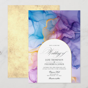 Convite Casamento com Tinta Flutuante Rosa, Azul e Dourado
