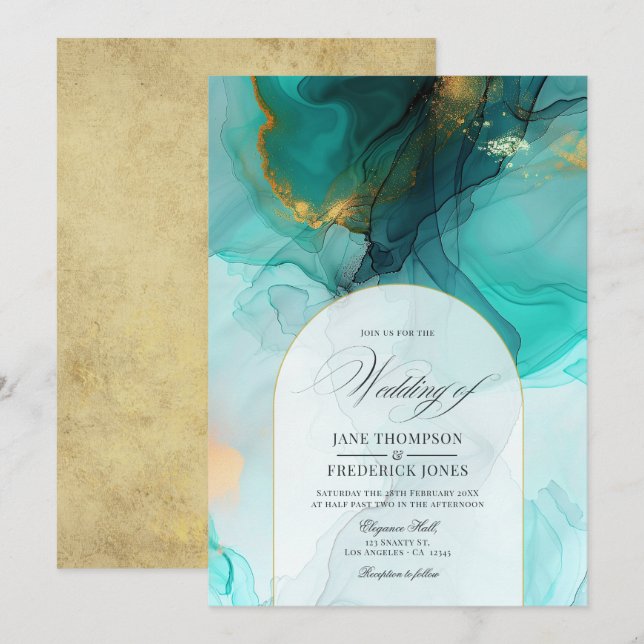 Convite Casamento com Tinta Flutuante Turquesa e Dourada E (Frente/Verso)
