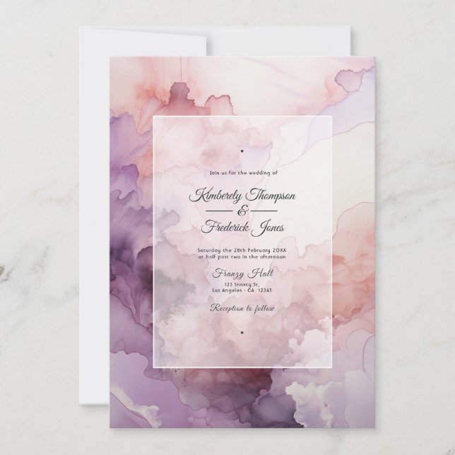Convite Casamento com Tinta Rosa Empoeirada, Lavanda e Pra (Frente)