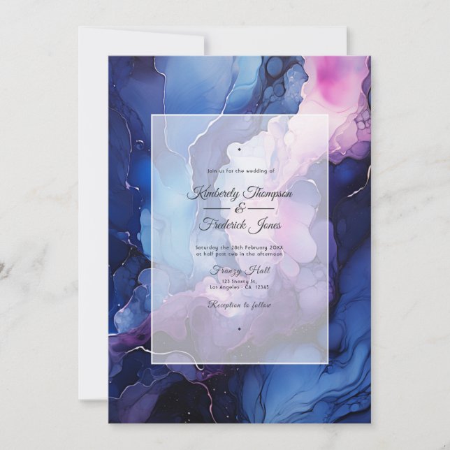 Convite Casamento com Tinta Roxa, Azul Marinho e Prata (Frente)