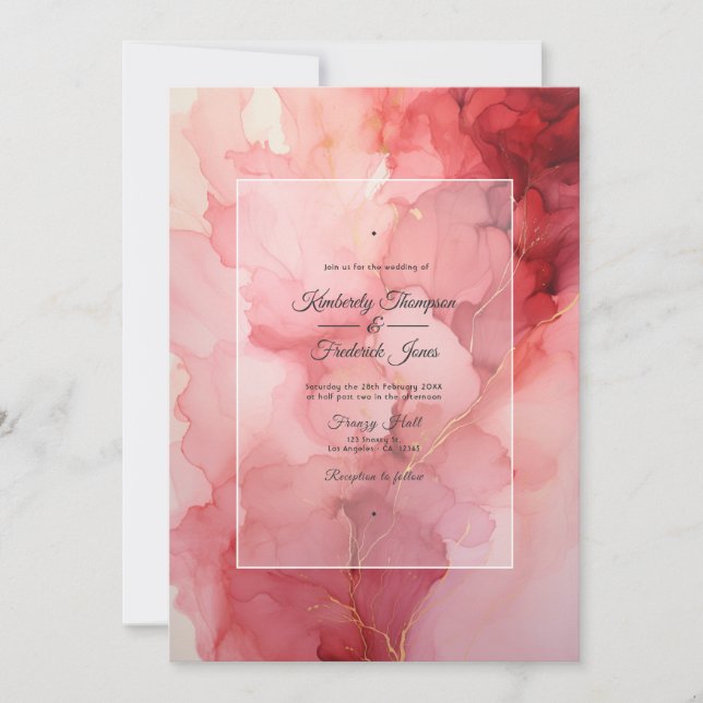Convite Casamento com Tinta Vermelha Intensa, Rosa e Prata (Frente)