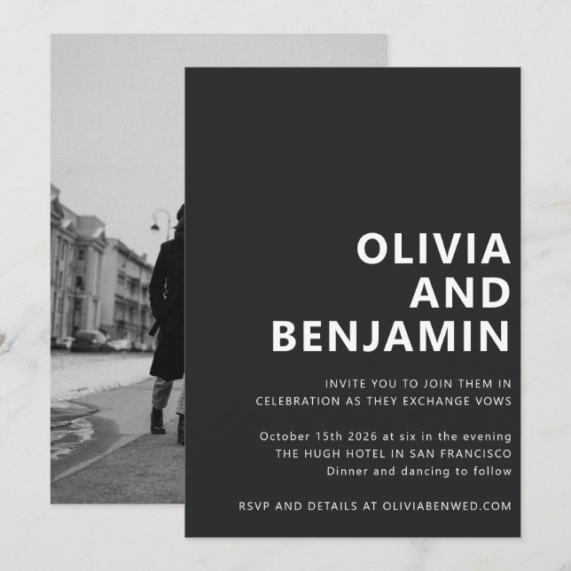 Convite Casamento com Tipografia Branca na moda Preta (Frente/Verso)