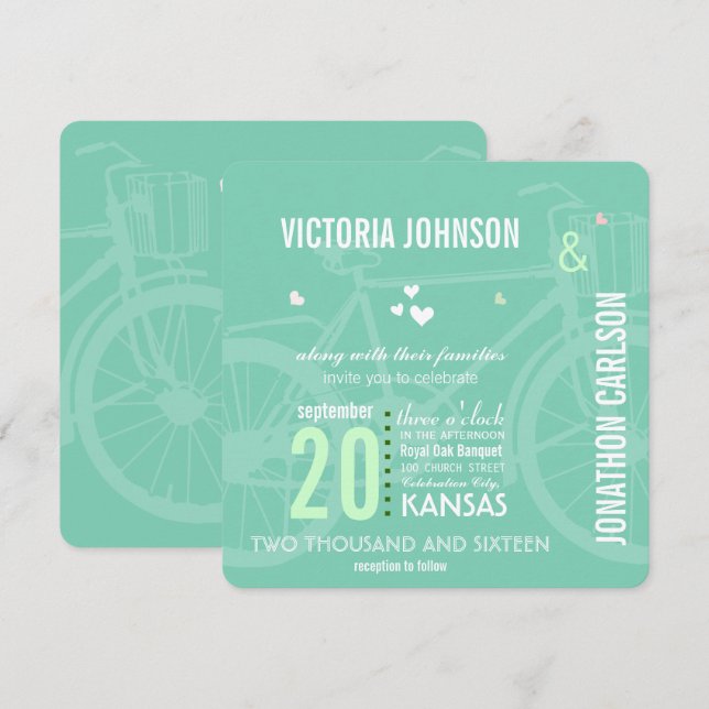 Convite Casamento com Tipografia da Bicicleta Mint Green V (Frente/Verso)