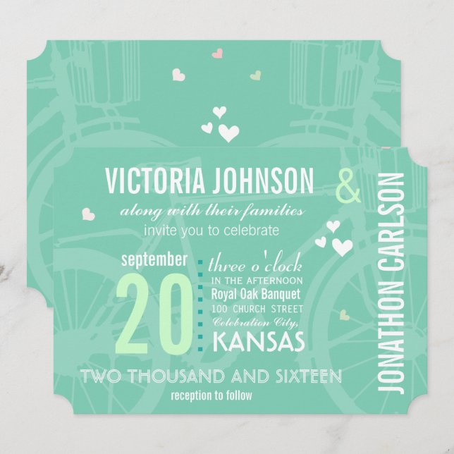 Convite Casamento com Tipografia da Bicicleta Verde e Rosa (Frente/Verso)