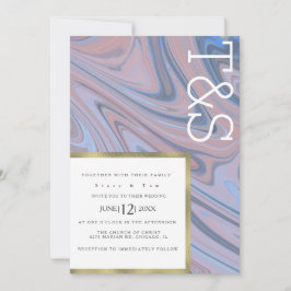 Convite Casamento com Tipografia Dourada Azul Blush Marble