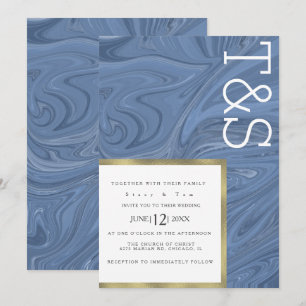 Convite Casamento com Tipografia Dourada Azul Marble