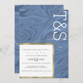 Convite Casamento com Tipografia Dourada Azul Marble Líqui