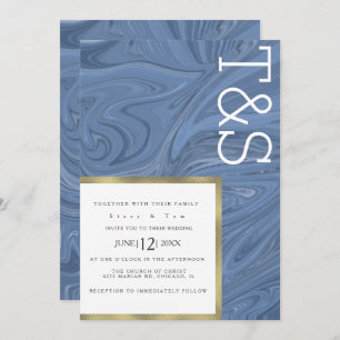 Convite Casamento com Tipografia Dourada Azul Marble Líqui