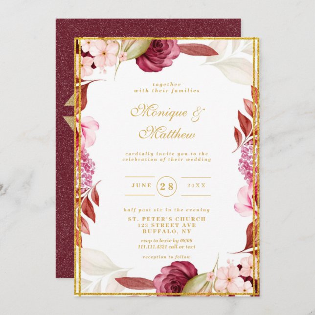 Convite Casamento com Tipografia Dourada de Peony Glitter  (Frente/Verso)