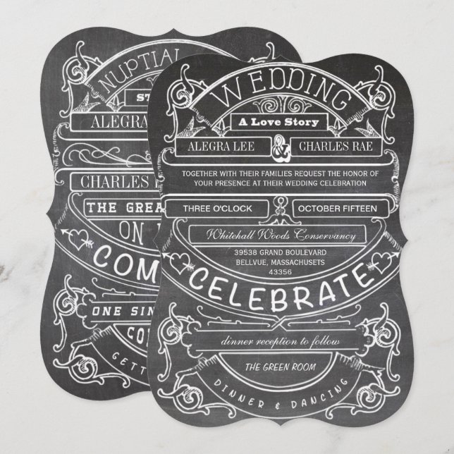 Convite Casamento com Tipografia Moderna do Chalkboard Vin (Frente/Verso)