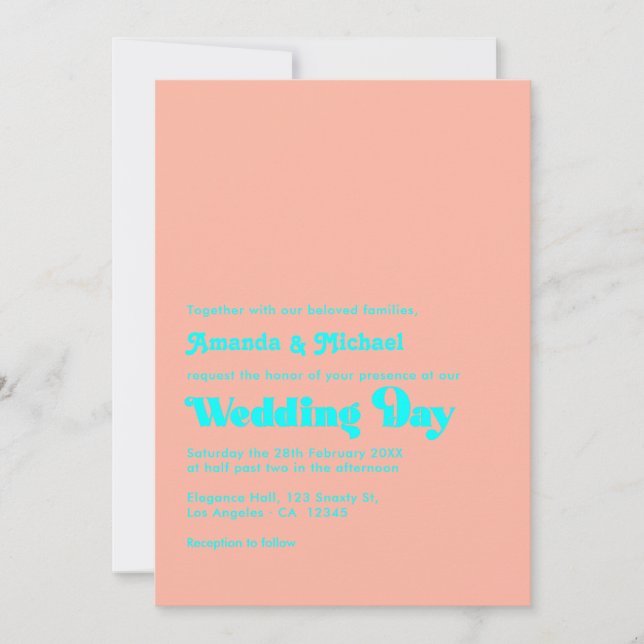 Convite Casamento com Tipografia Tropical Coral e Aqua (Frente)