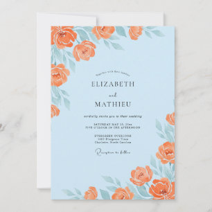 Convite Casamento com Tons de Azul Pó e Flor de Damasco