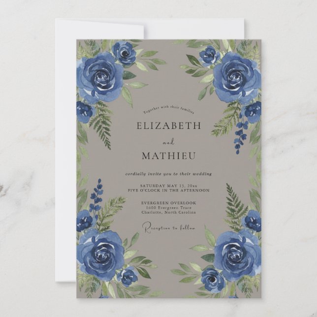 Convite Casamento com Tons de Cornflower e Taupe Folhagem (Frente)