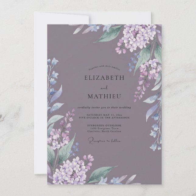 Convite Casamento com tons de Mauve e Wisteria Sujos e Sil (Frente)