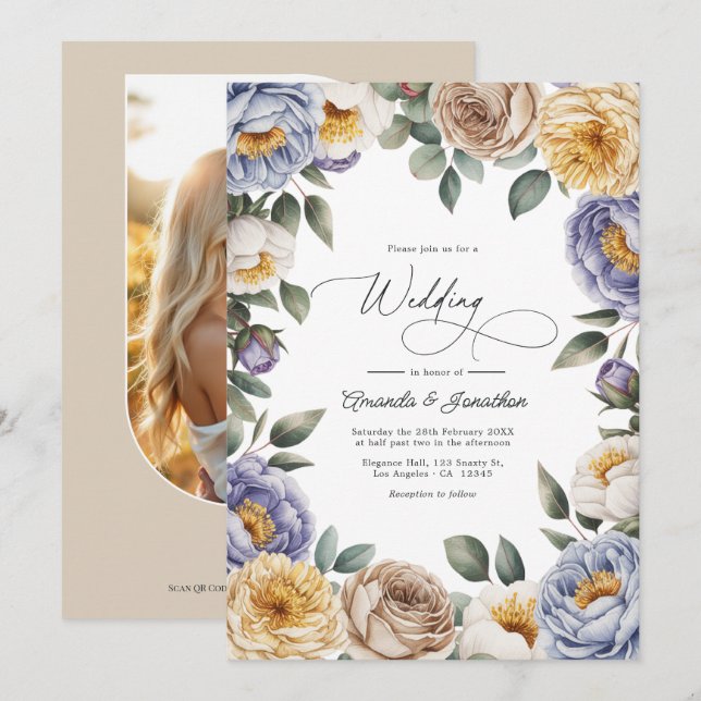 Convite Casamento com tons de Periwinkle Suave, Creme de M (Frente/Verso)