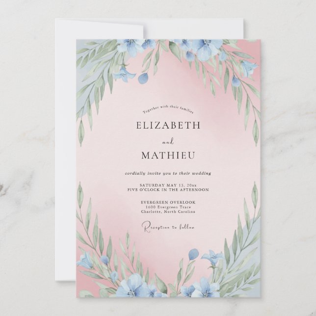 Convite Casamento com Tons de Rosa Cornflower Eucalipto (Frente)