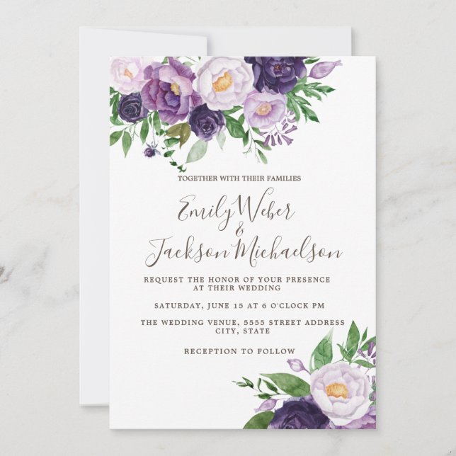 Convite Casamento com tons de Roxo Ameixa Lavanda e Verde (Frente)