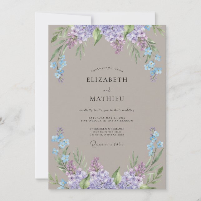 Convite Casamento com Tons de Taupe, Periwinkle e Wisteria (Frente)