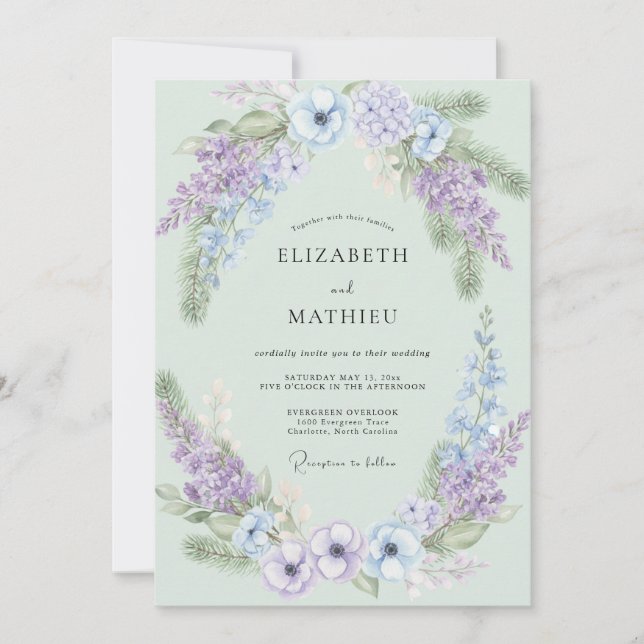 Convite Casamento com tons de Verde Água, Vinca e Wisteria (Frente)