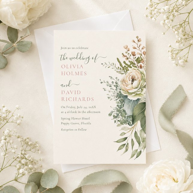 Convite Casamento com Tons de Verde Salvia e Flores Silves (Boho Sage Green and Ivory Widlflowers Wedding Invitation on a table with white flowers and ribbons)
