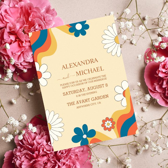 Convite Casamento com Tons Suaves e Tema Retro Groovy dos  (Criador carregado)