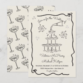 Convite Casamento com torre de Champanhe desenhada à mão
