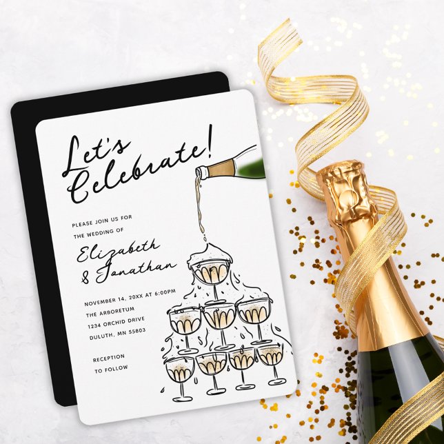 Convite Casamento com Torre de Champanhe Desenhada à Mão C (Whimsical Hand Drawn Champagne Tower Wedding Invitation)