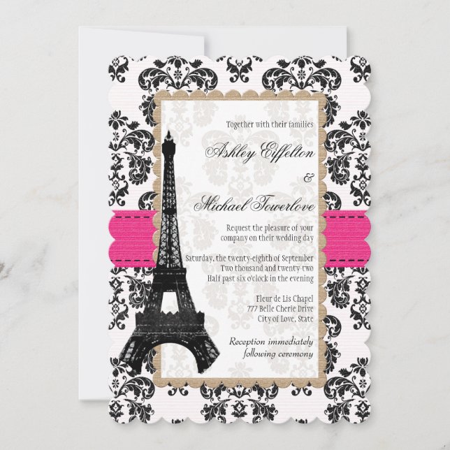 Convite Casamento com Torre Eiffel em Rosa Quente e Preto  (Frente)