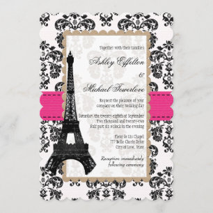 Convite Casamento com Torre Eiffel em Rosa Quente e Preto 