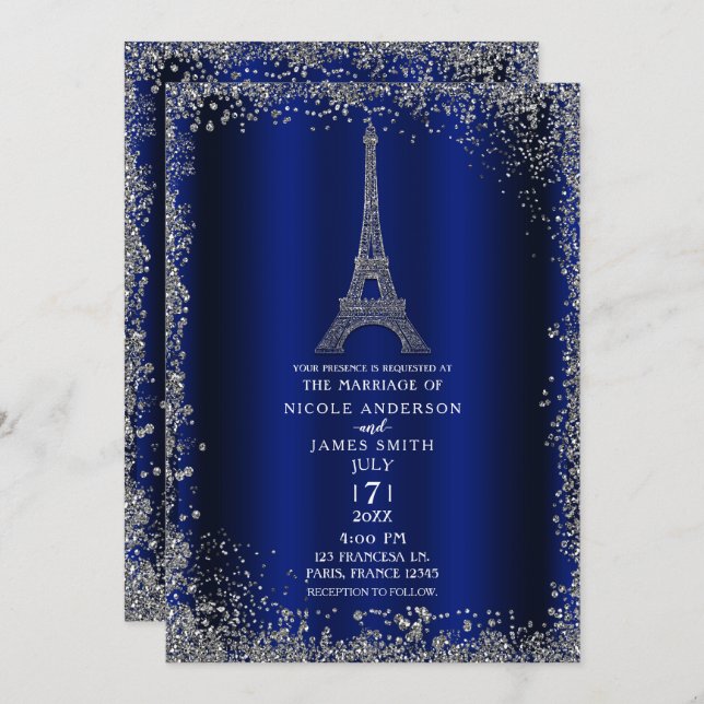 Convite Casamento com Torre Eiffel Real Blue Silver Glitte (Frente/Verso)