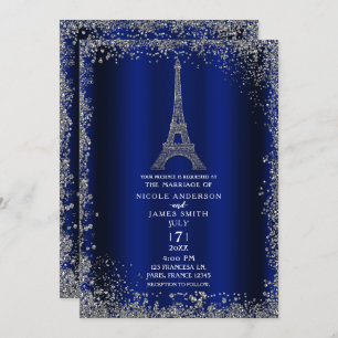 Convite Casamento com Torre Eiffel Real Blue Silver Glitte