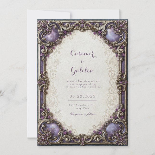 Convite Casamento com Trabalho de Rolo em Dourado e Ametis (Frente)