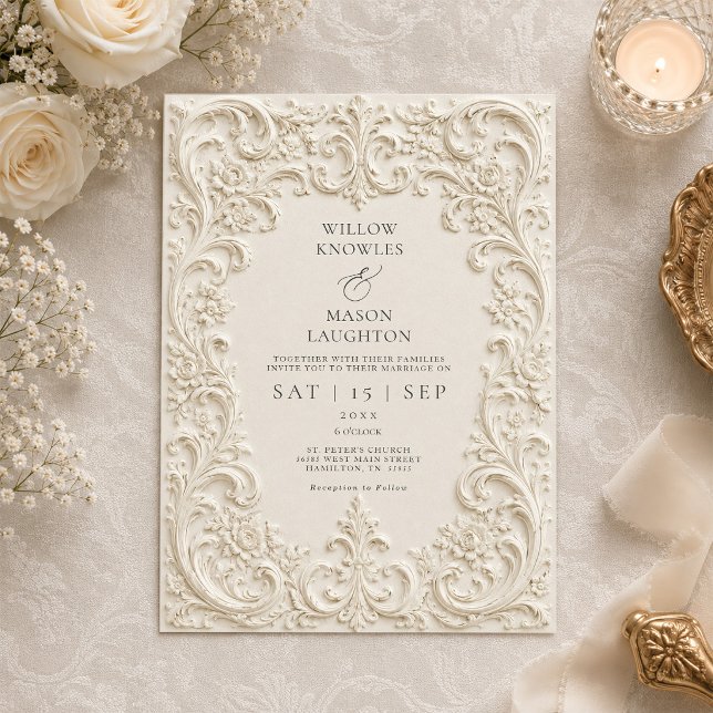 Convite Casamento com Trabalhos em Rolo Barroco Elegante V (Elegant Baroque Vintage Scrollwork Wedding Invitation)