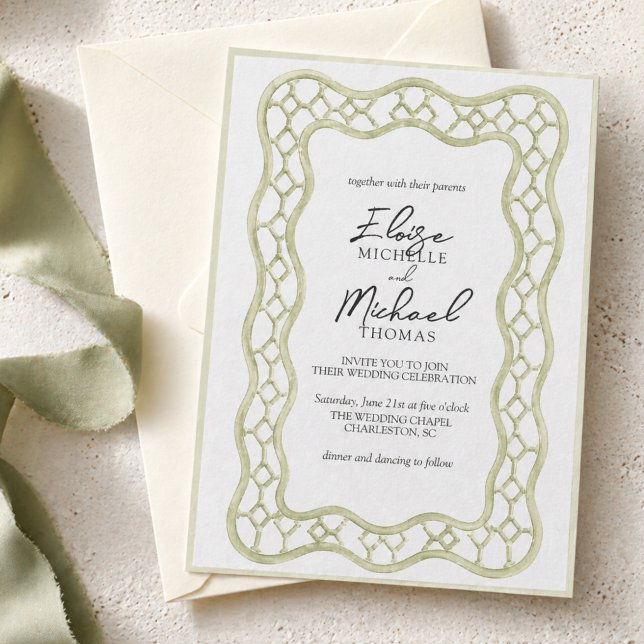Convite Casamento com Treliça Verde Sálvia Francesa (Sage Green French Trellis Wedding Invitation)