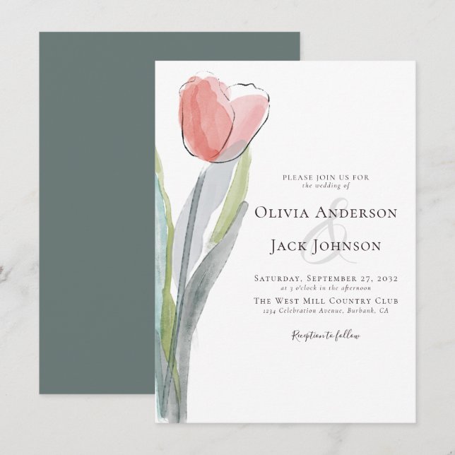Convite Casamento com Tulip de Aquarela (Frente/Verso)