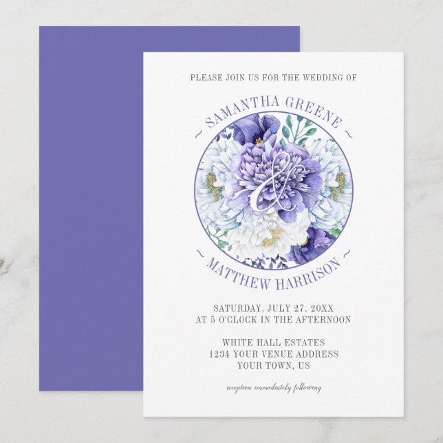 Convite Casamento com Typografia de Poppies Brancos Roxos (Frente/Verso)