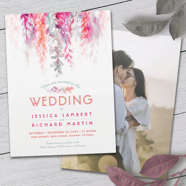 Convite Casamento com uma foto vermelha rosa-rosa verde-ca (Criador carregado)