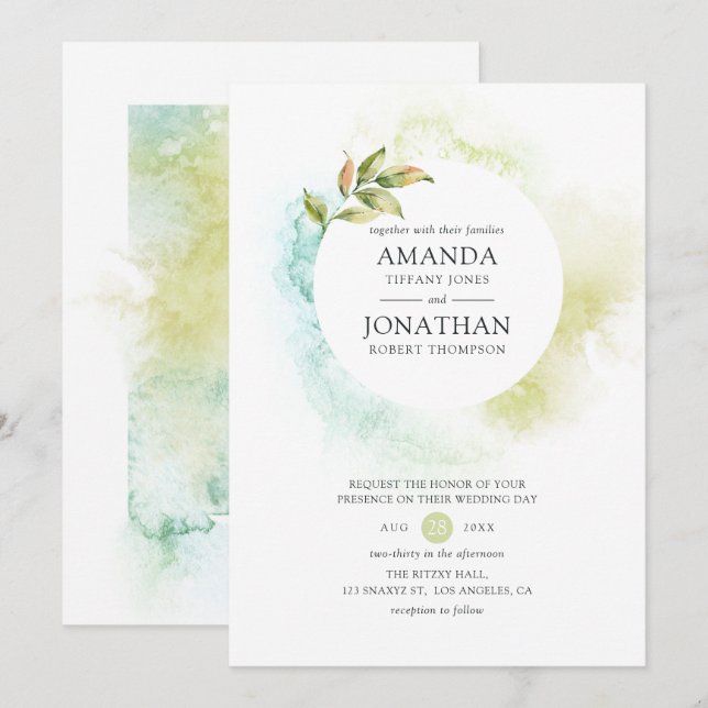 Convite Casamento com Vegetação em Aquarela (Frente/Verso)