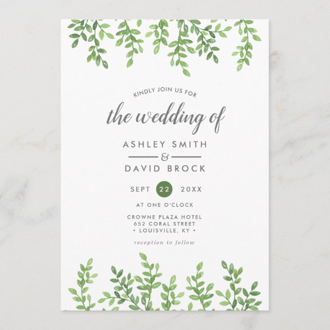 Convite Casamento com Vegetação em Aquarela Moderna (Frente)