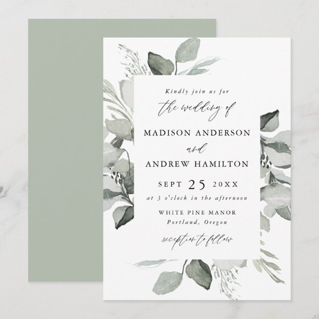 Convite Casamento com Verde de Eucalipto (Frente/Verso)