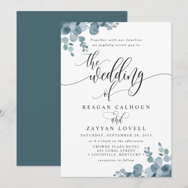 Convite Casamento com Verde de Eucalipto Azul Empoeirado (Frente/Verso)