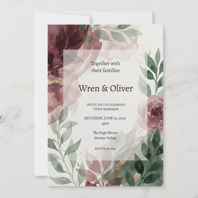 Convite Casamento com Verde e Borgonha (Frente)