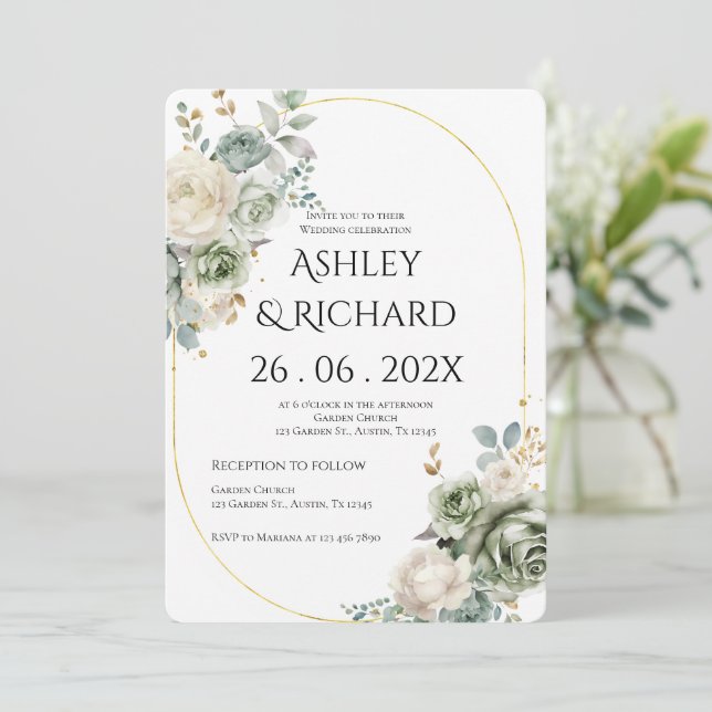 Convite Casamento com verde e flores brancas (Em pé/Frente)