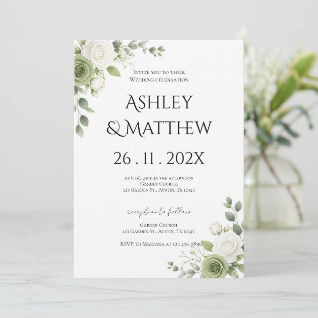 Convite Casamento com verde e flores brancas (Em pé/Frente)